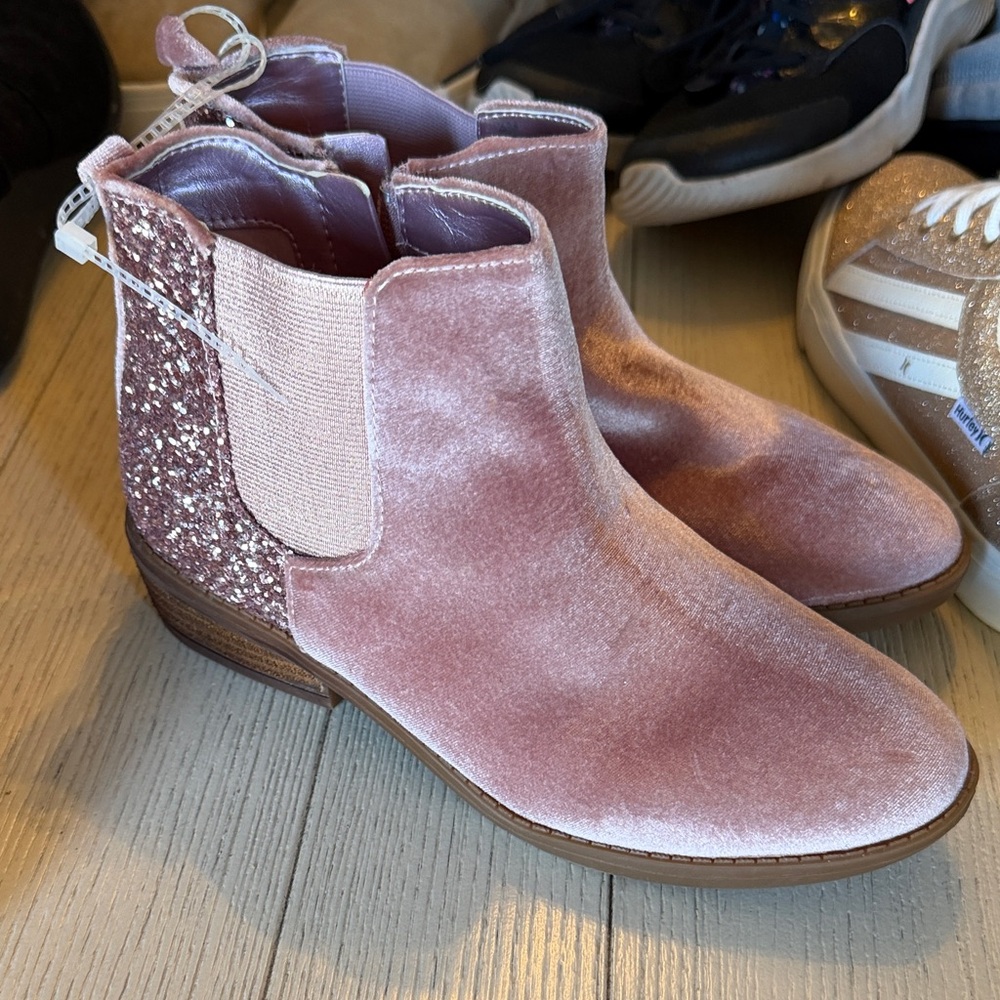 Copper Key Velvet Pink Booties with Glitter Heel